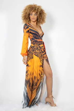 Mimi Orange Leopard Spandex with Gold Crystals Long Dress