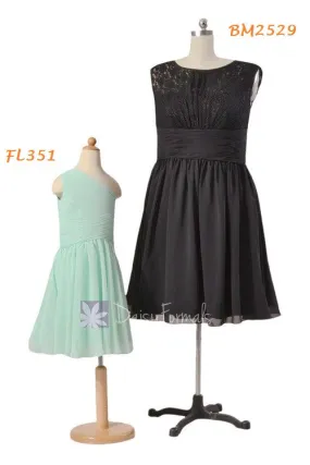 Mint One Shoulder Flower Girl dress ( FL351) Short Vintage Lace Bridesmaid Dress (BM2529)