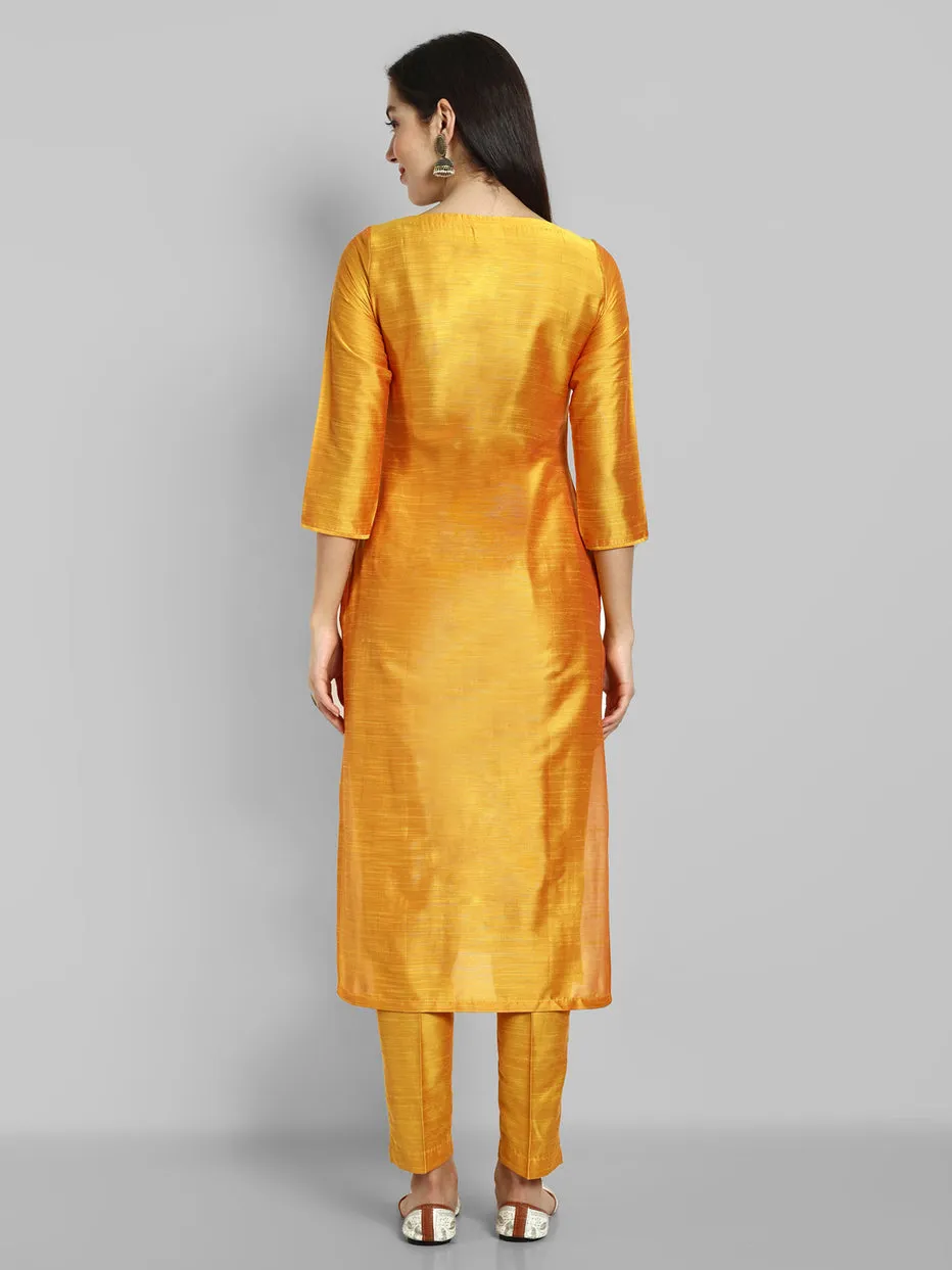 Mustard Cotton silk Boat Neck Kurta