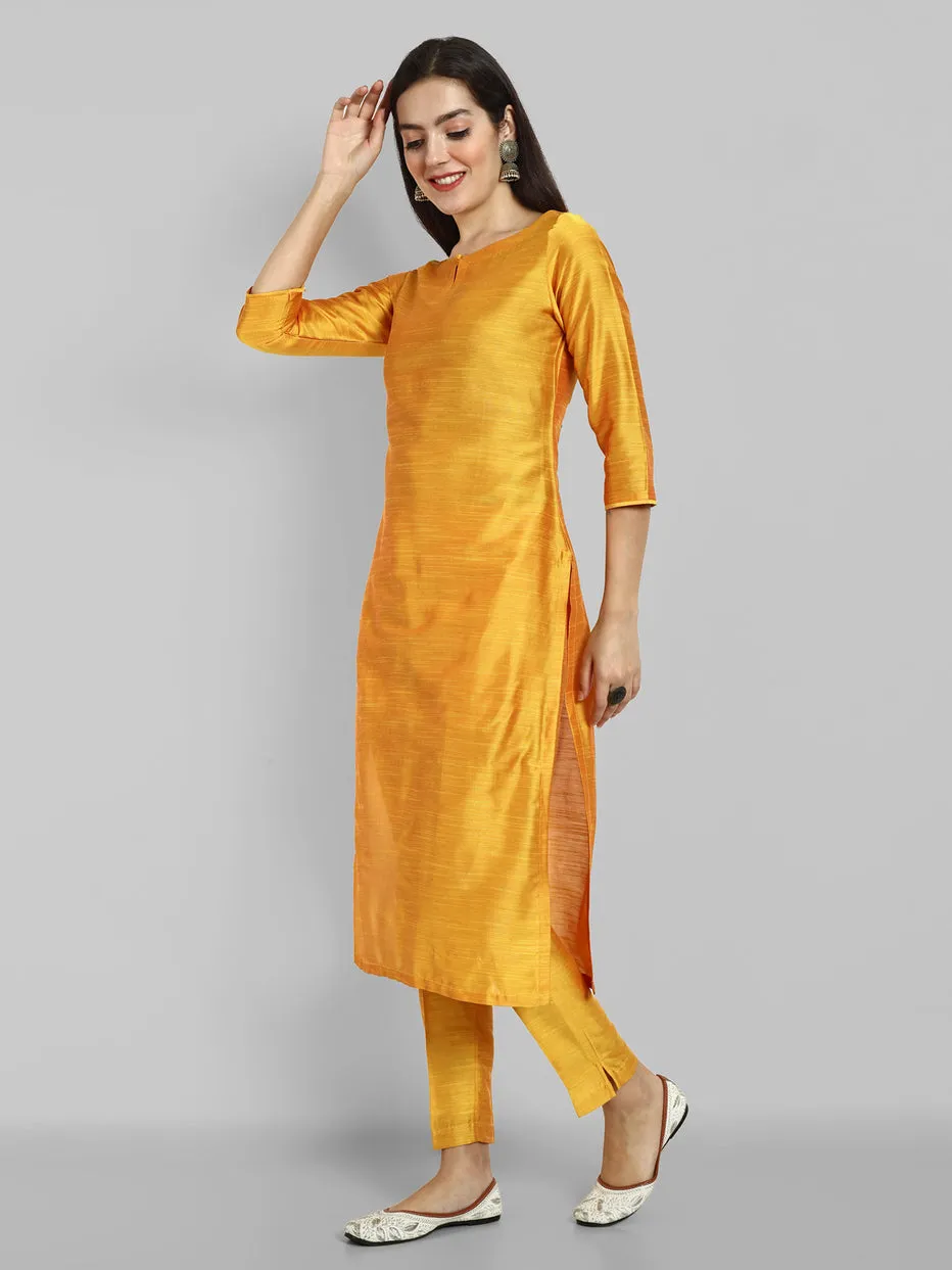 Mustard Cotton silk Boat Neck Kurta