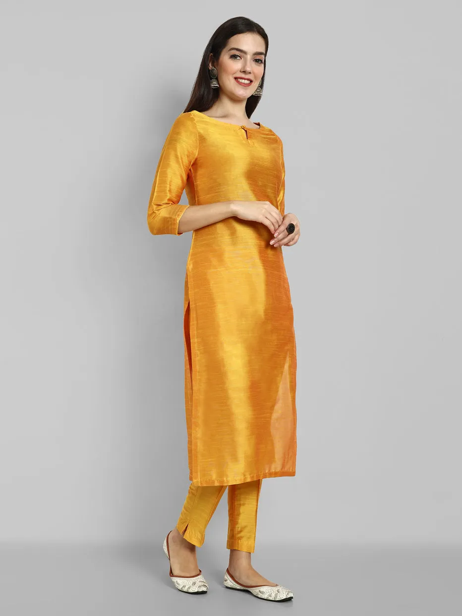 Mustard Cotton silk Boat Neck Kurta