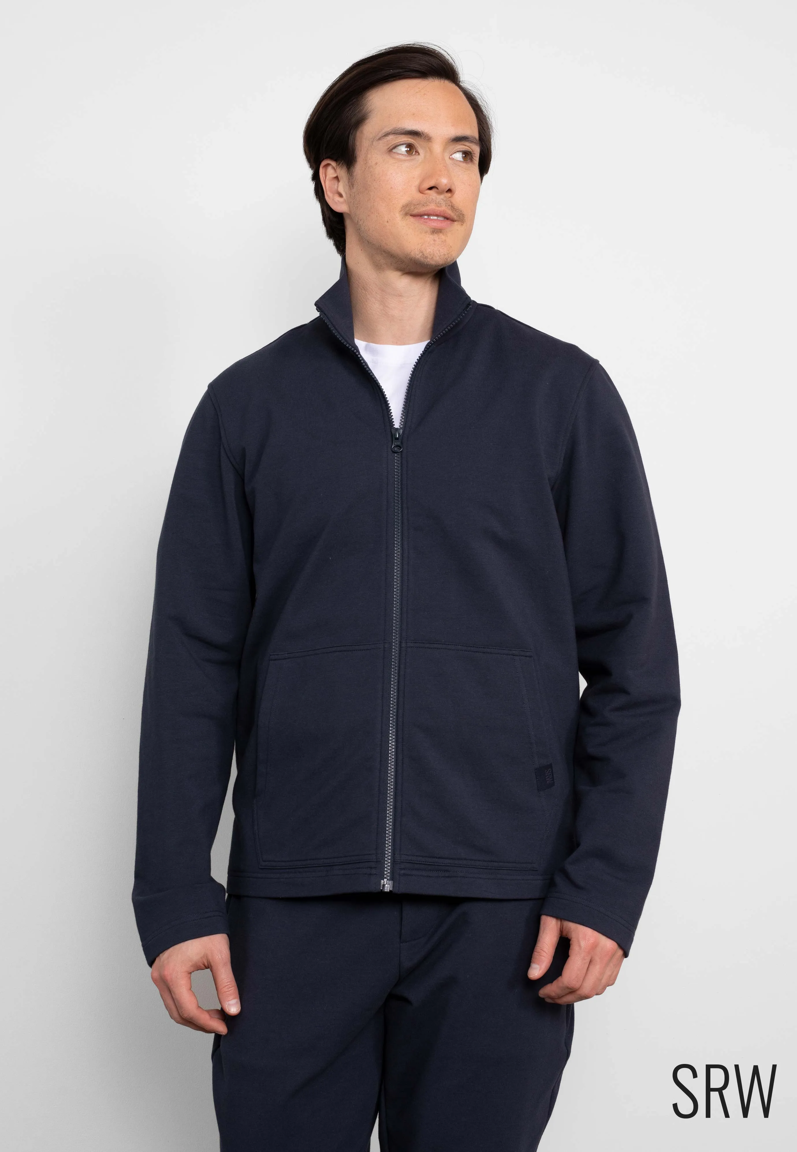 Navy Stretch Cotton Blend Zip-Up Sweatshirt