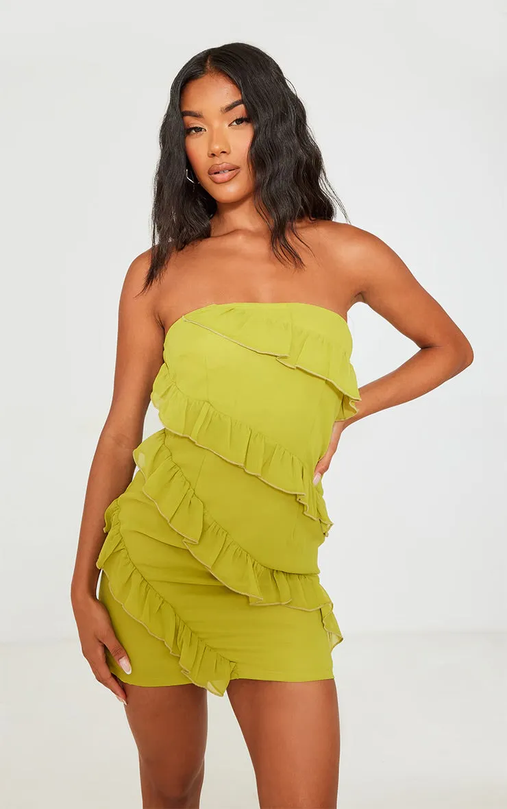 Olive chiffon diagonal frill bandeau bodycon dress in green