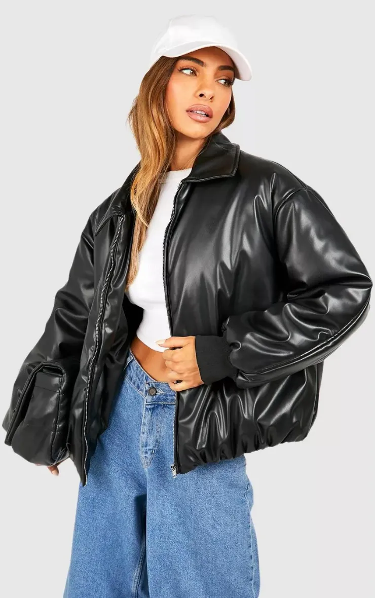 PADDED FAUX LEATHER BOMBER JACKET