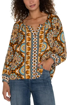 PETITE LONG SLEEVE BUTTON FRONT WOVEN BLOUSE