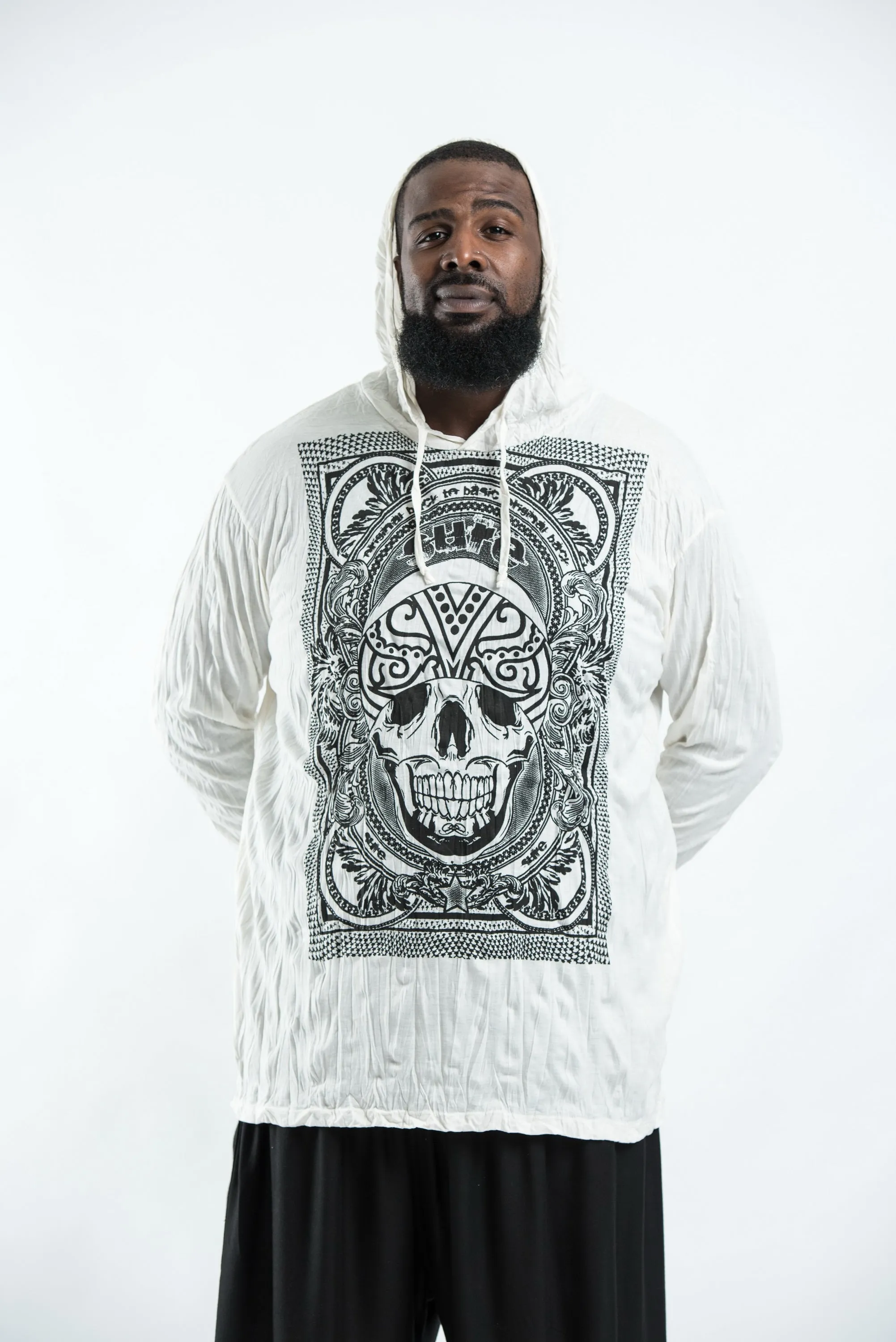 Unisex Plus-Size White Hoodie with Trippy Skull Design by Sure Design