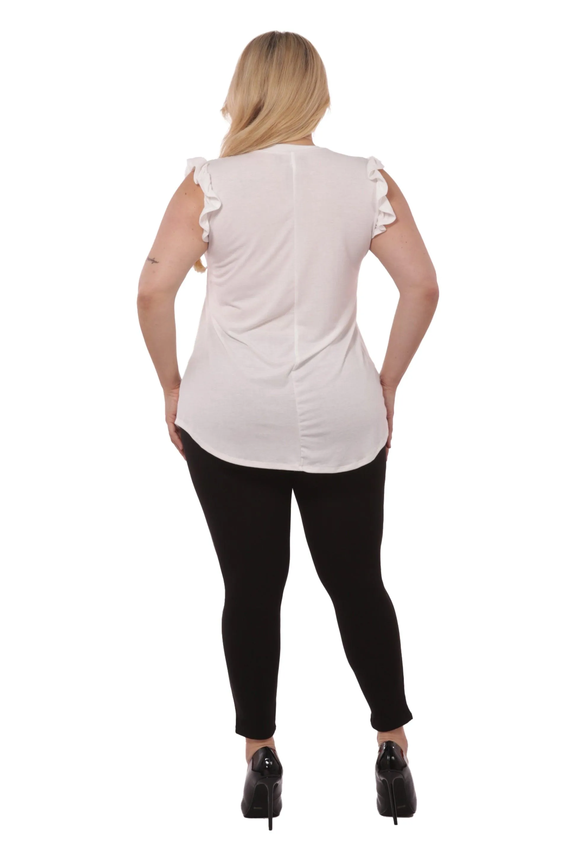 Plus Size V-Neck Tops With Ruffle Armhole Detail - Ivory