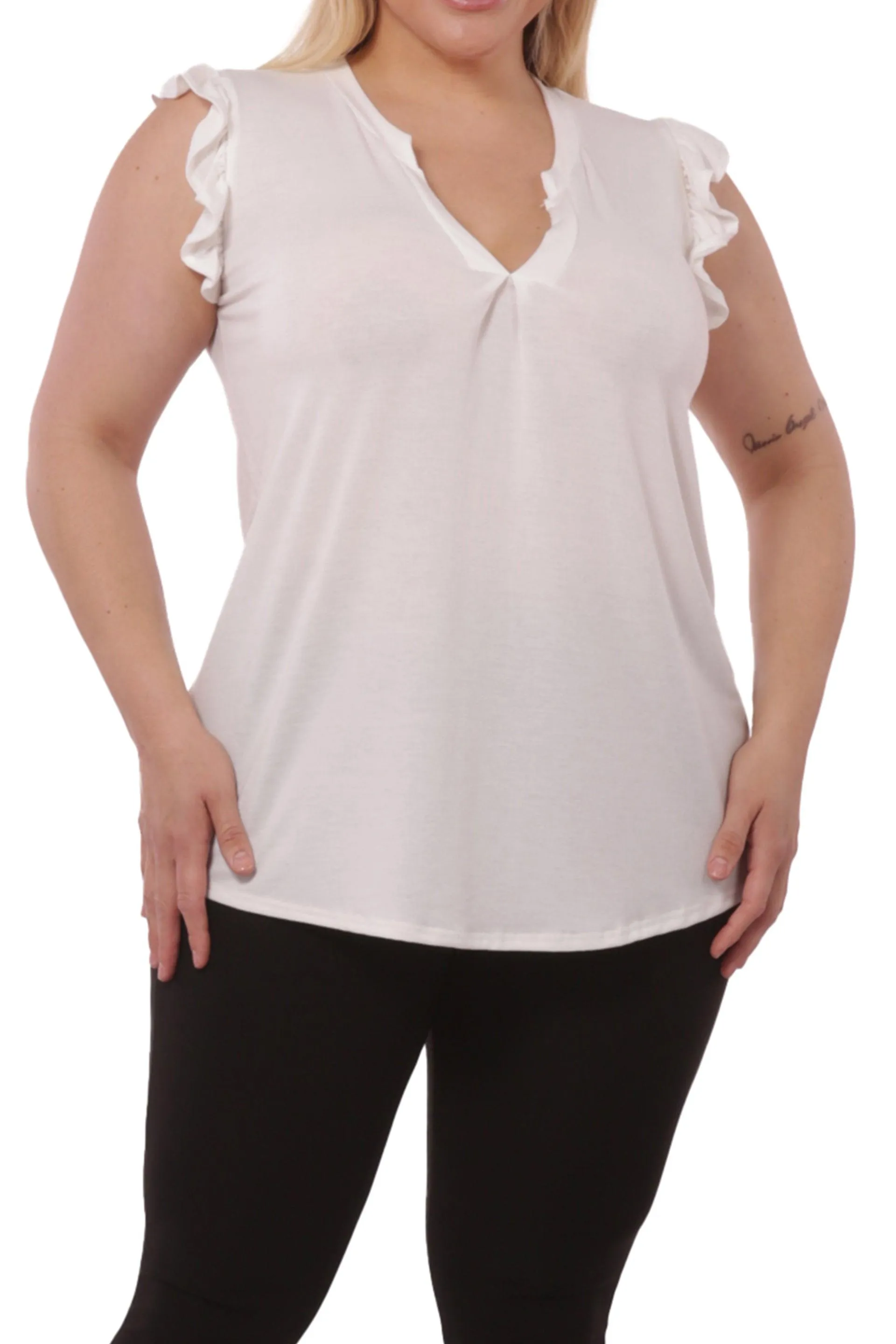 Plus Size V-Neck Tops With Ruffle Armhole Detail - Ivory