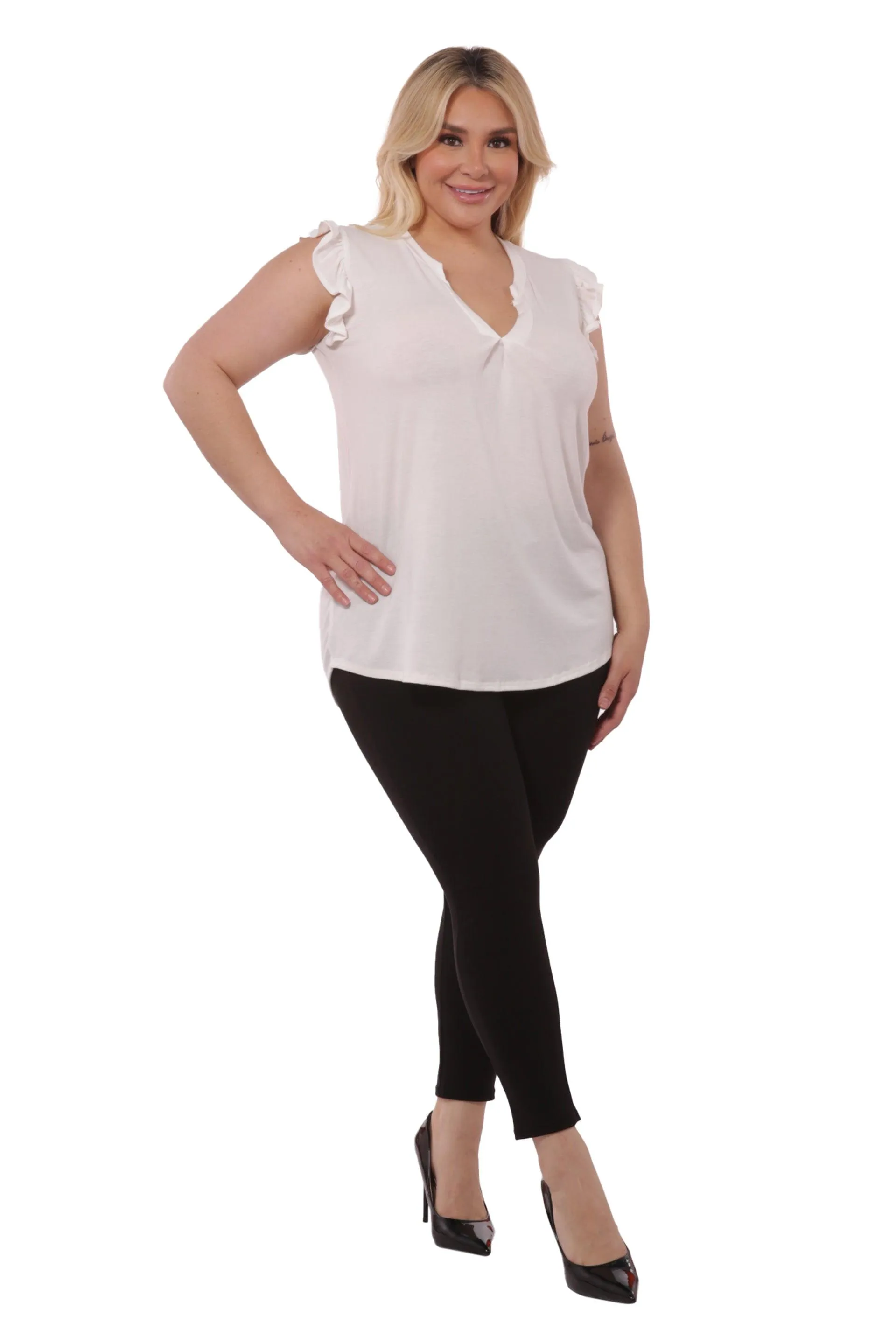 Plus Size V-Neck Tops With Ruffle Armhole Detail - Ivory