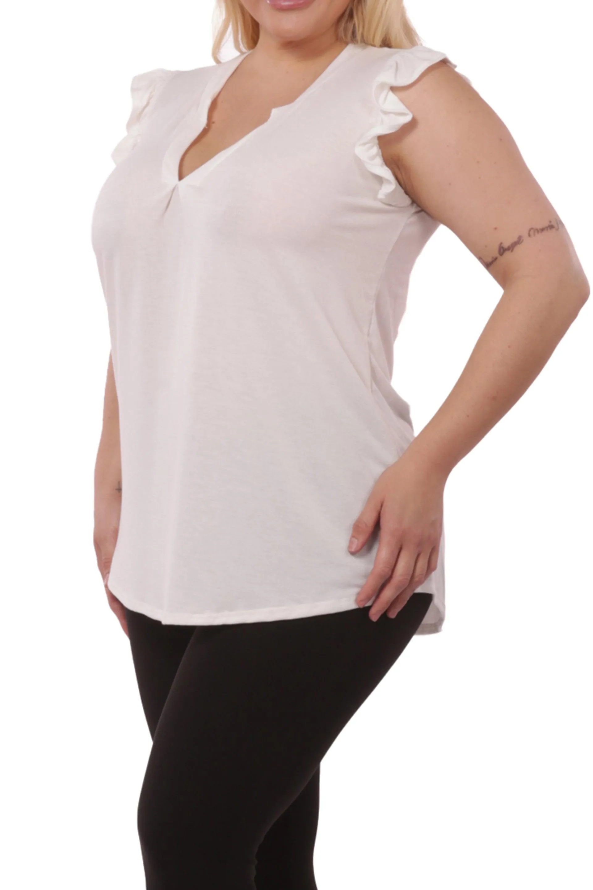 Plus Size V-Neck Tops With Ruffle Armhole Detail - Ivory