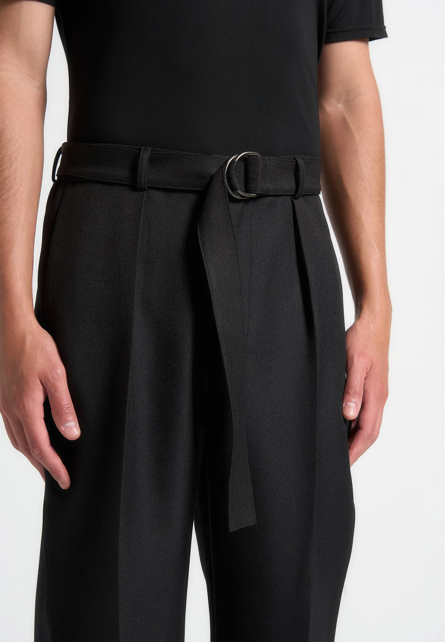 Relaxed Fit Textured Belted Tailored Trousers - Black