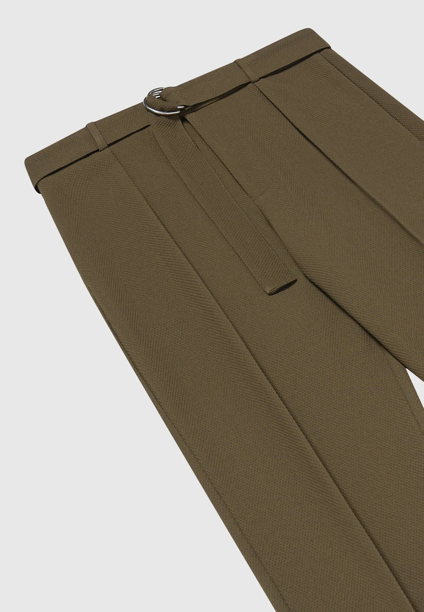 Relaxed Fit Textured Belted Tailored Trousers - Khaki