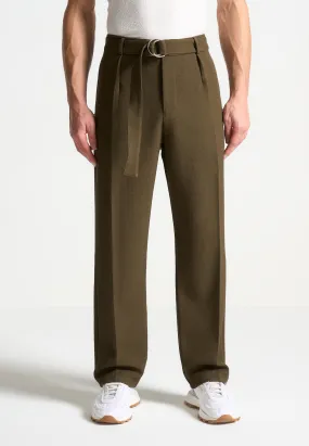 Relaxed Fit Textured Belted Tailored Trousers - Khaki