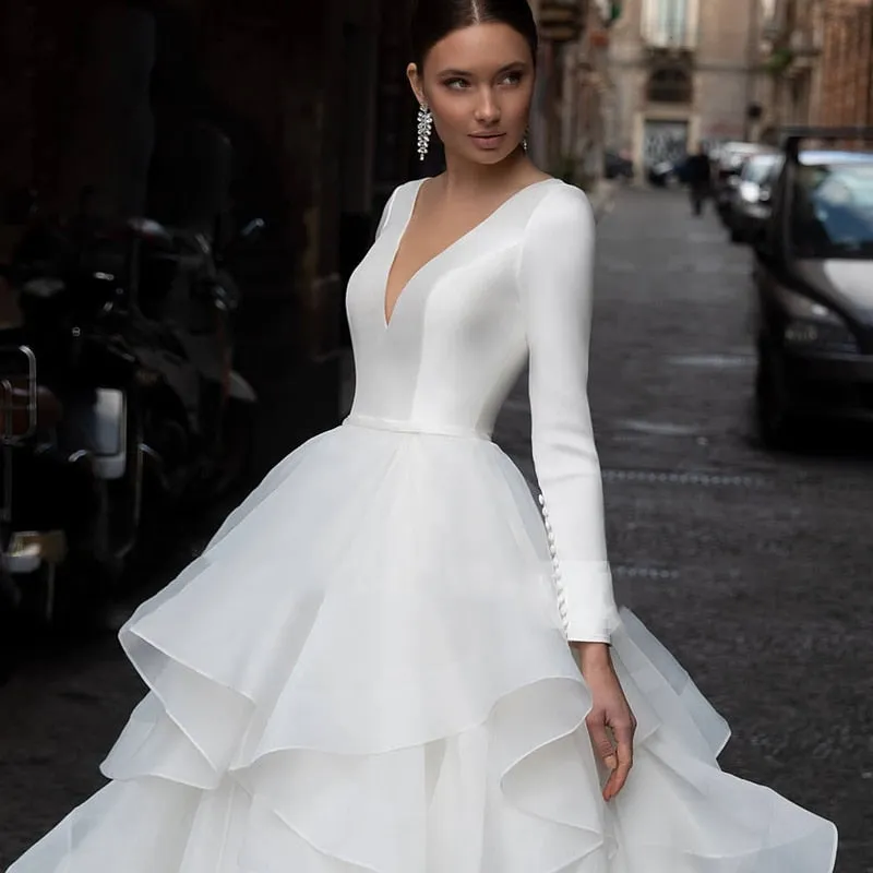 Romantic V-Neck Long Sleeve Ruffles Beach Wedding Dress