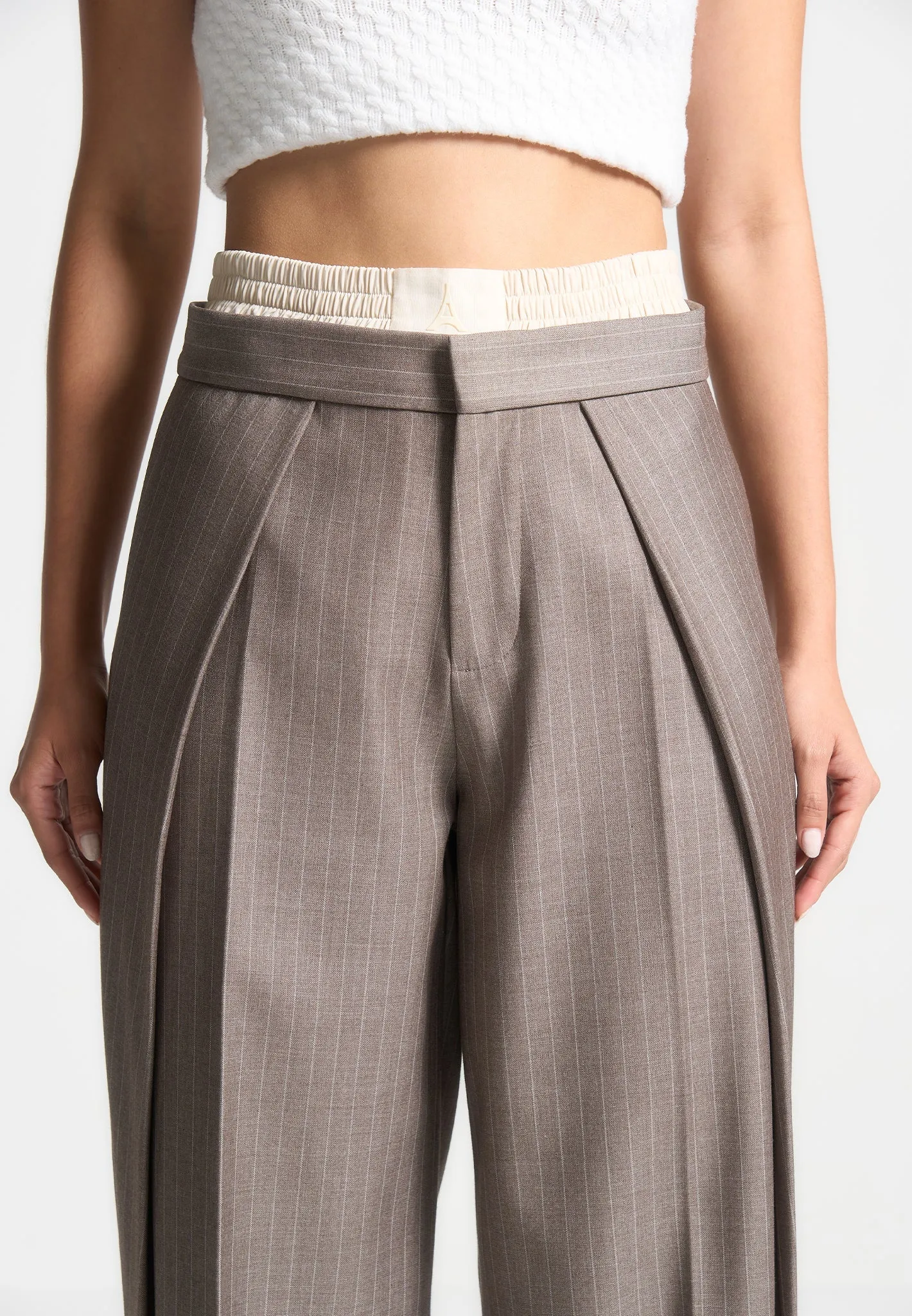 Satin Waistband Pinstripe Trousers - Taupe