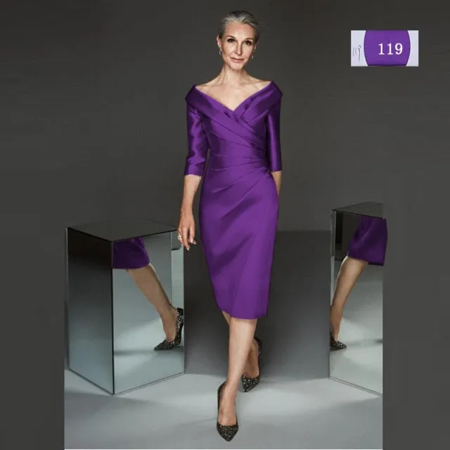 Simple Modern Sheath Lilac Satin Plunge V Neckline Mother Of the Groom/Bride Dresses