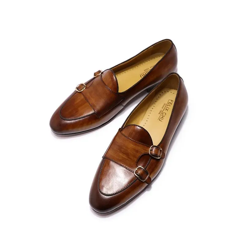 Special design stylish double monk strap slip on genuine leather men dress shoes