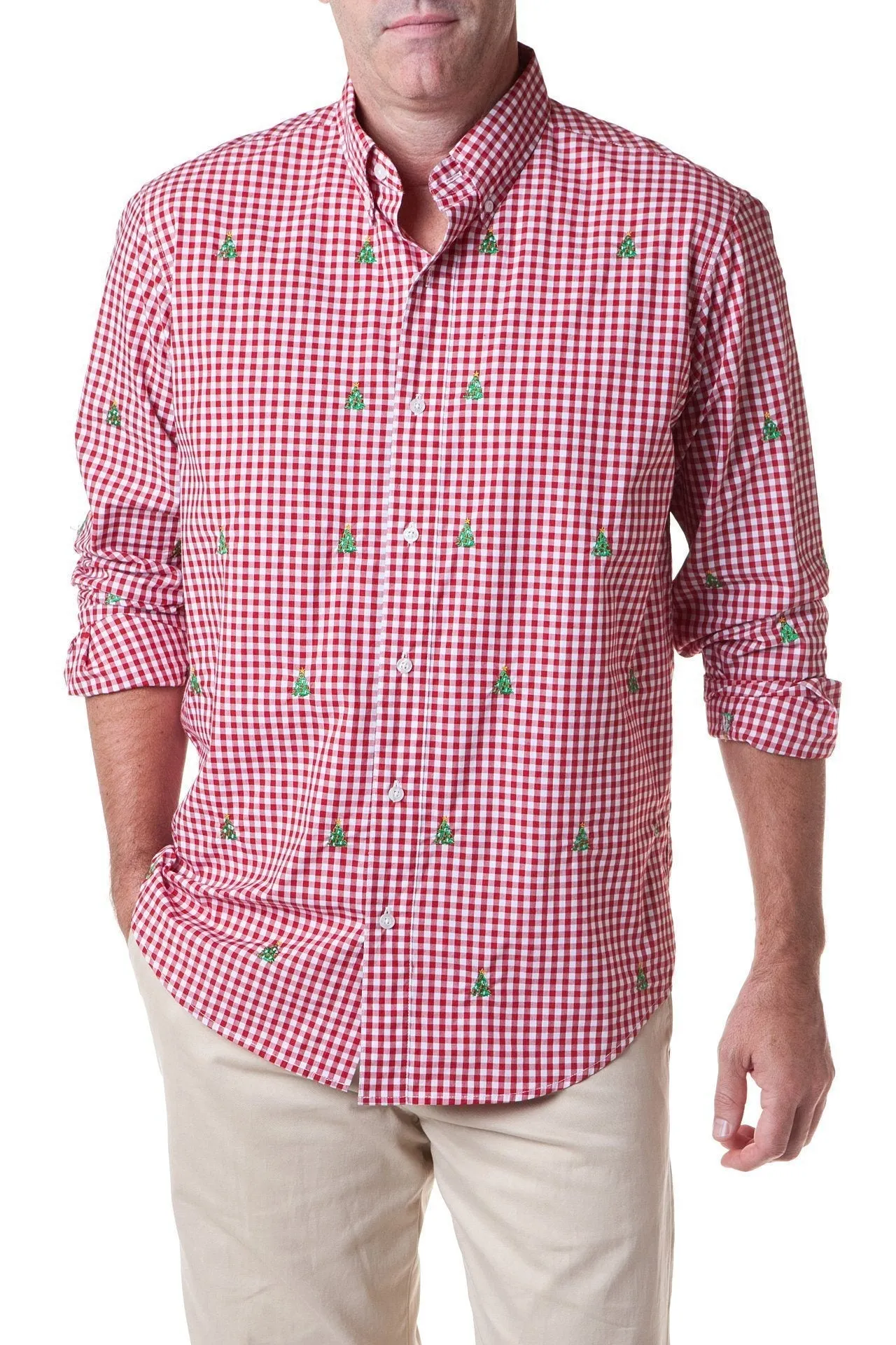 Straight Wharf Shirt Red Gingham with Christmas Tree