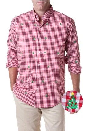 Straight Wharf Shirt Red Gingham with Christmas Tree