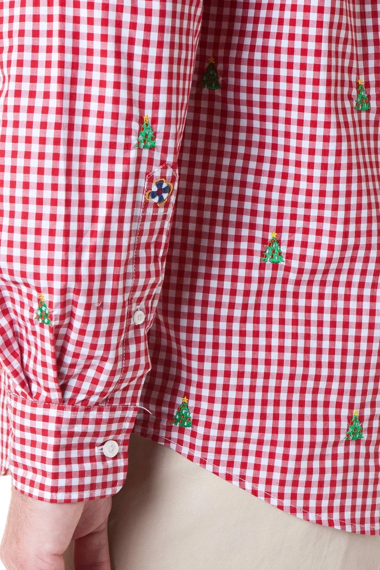 Straight Wharf Shirt Red Gingham with Christmas Tree