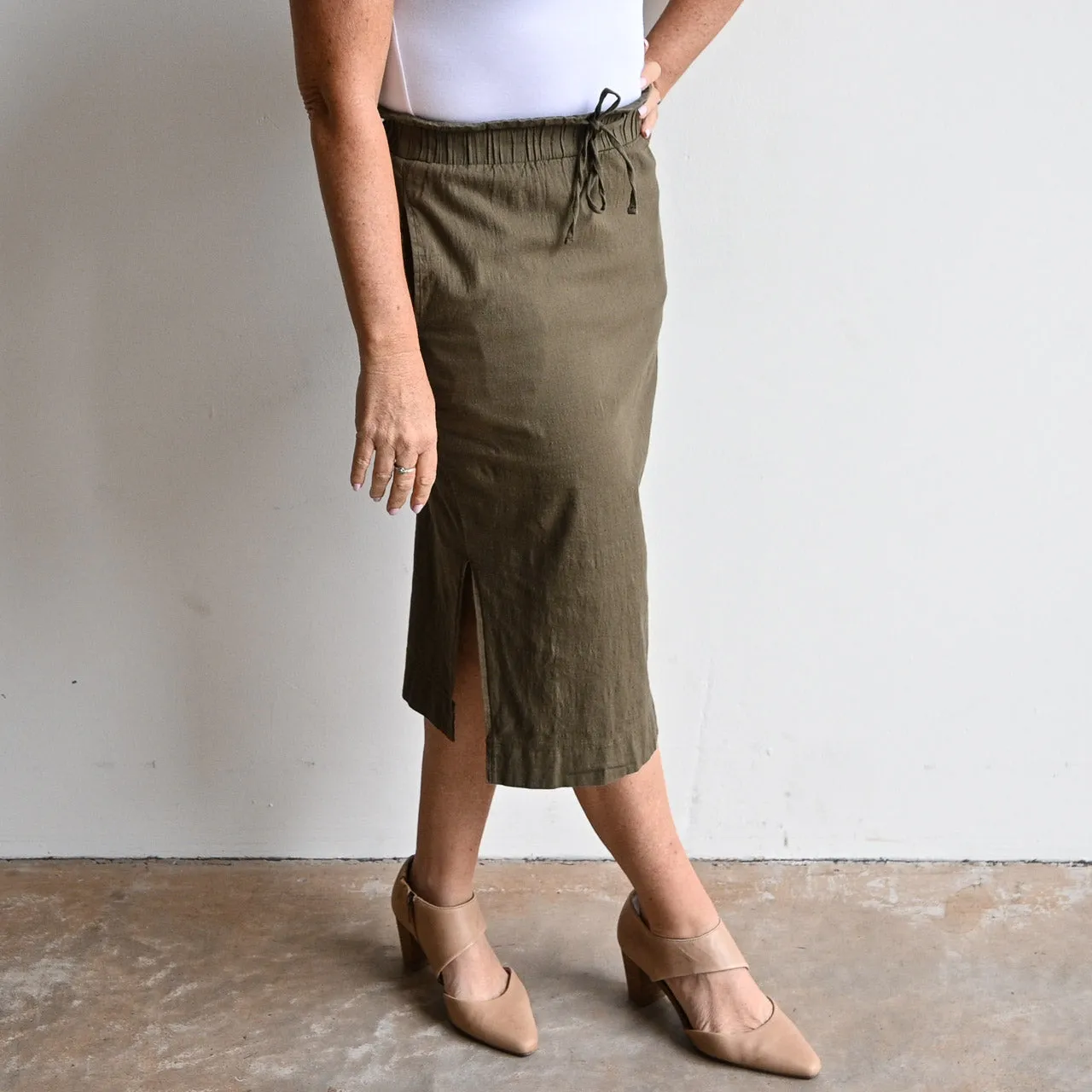 Stretch Linen Midi Skirt