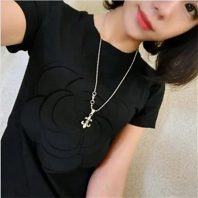 Summer 3D Camellia Embroidery Luxury  T-shirt