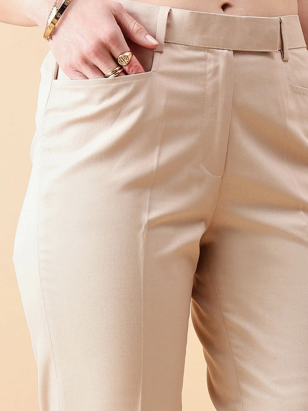 Tapered Mid Waist slim fit Trouser - Beige