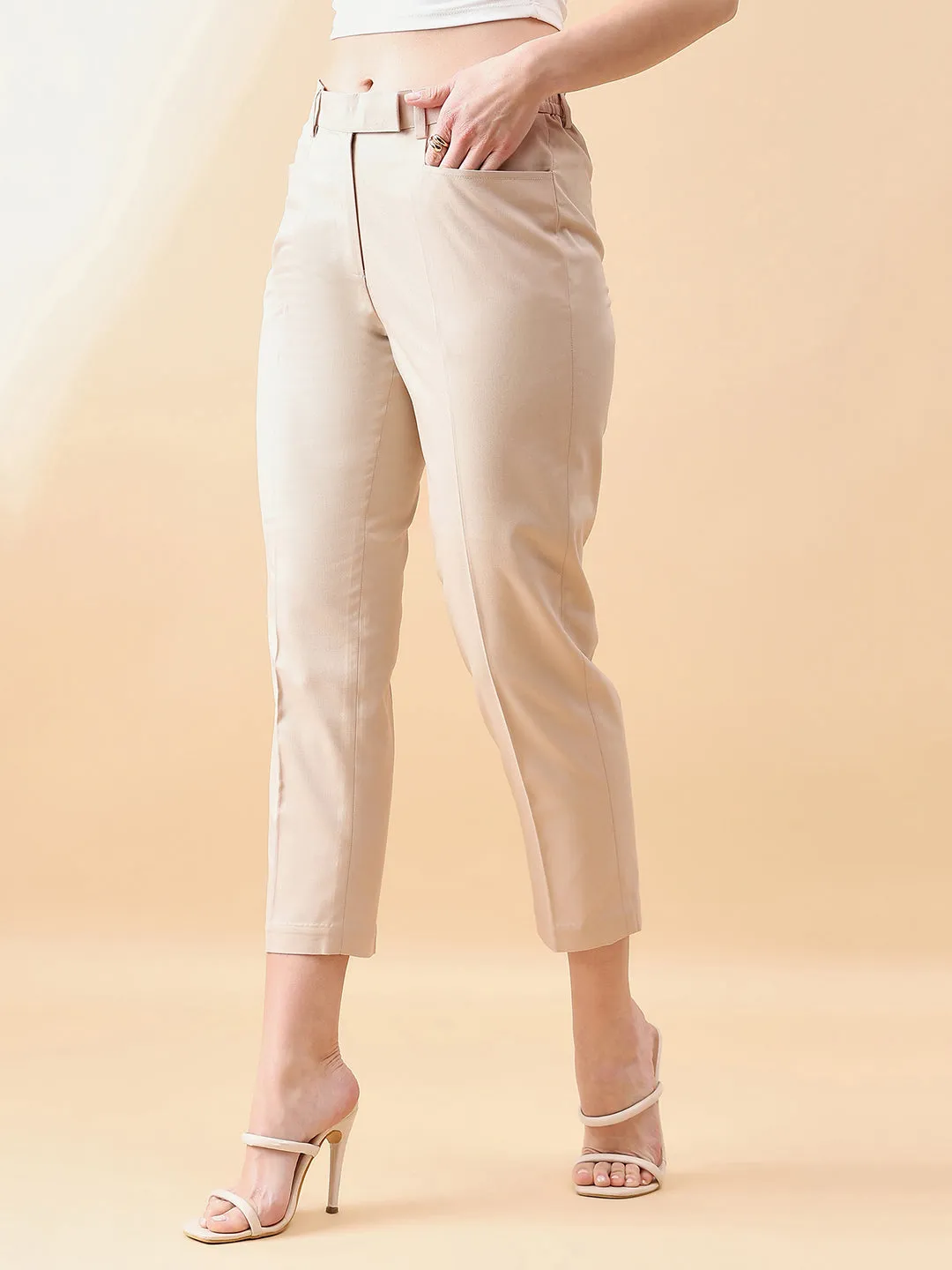 Tapered Mid Waist slim fit Trouser - Beige