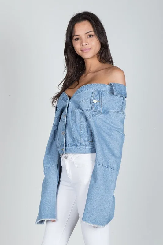 THE MYSTYLEMODE DENIM OFF SHOULDER SWEETHEART JEAN JACKET