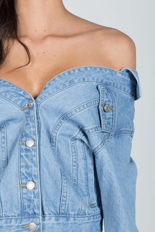 THE MYSTYLEMODE DENIM OFF SHOULDER SWEETHEART JEAN JACKET