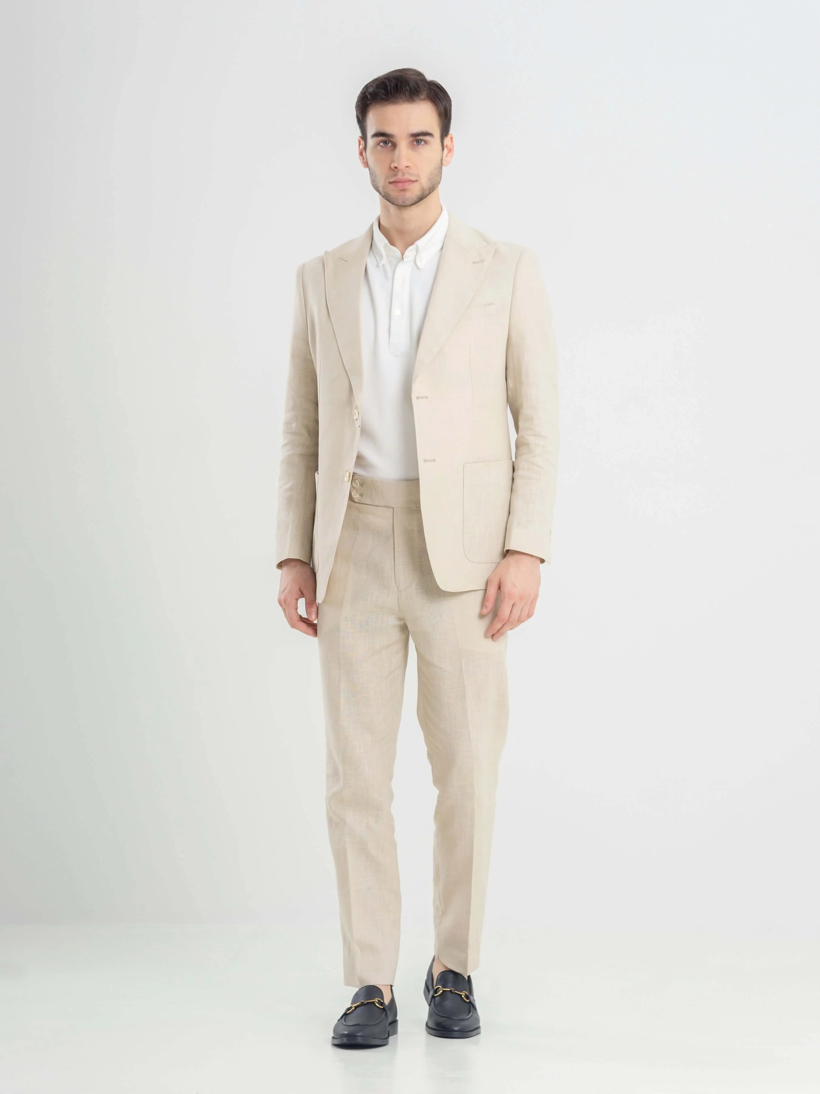 Trousers With Side Adjusters -  Linen Cream Plain