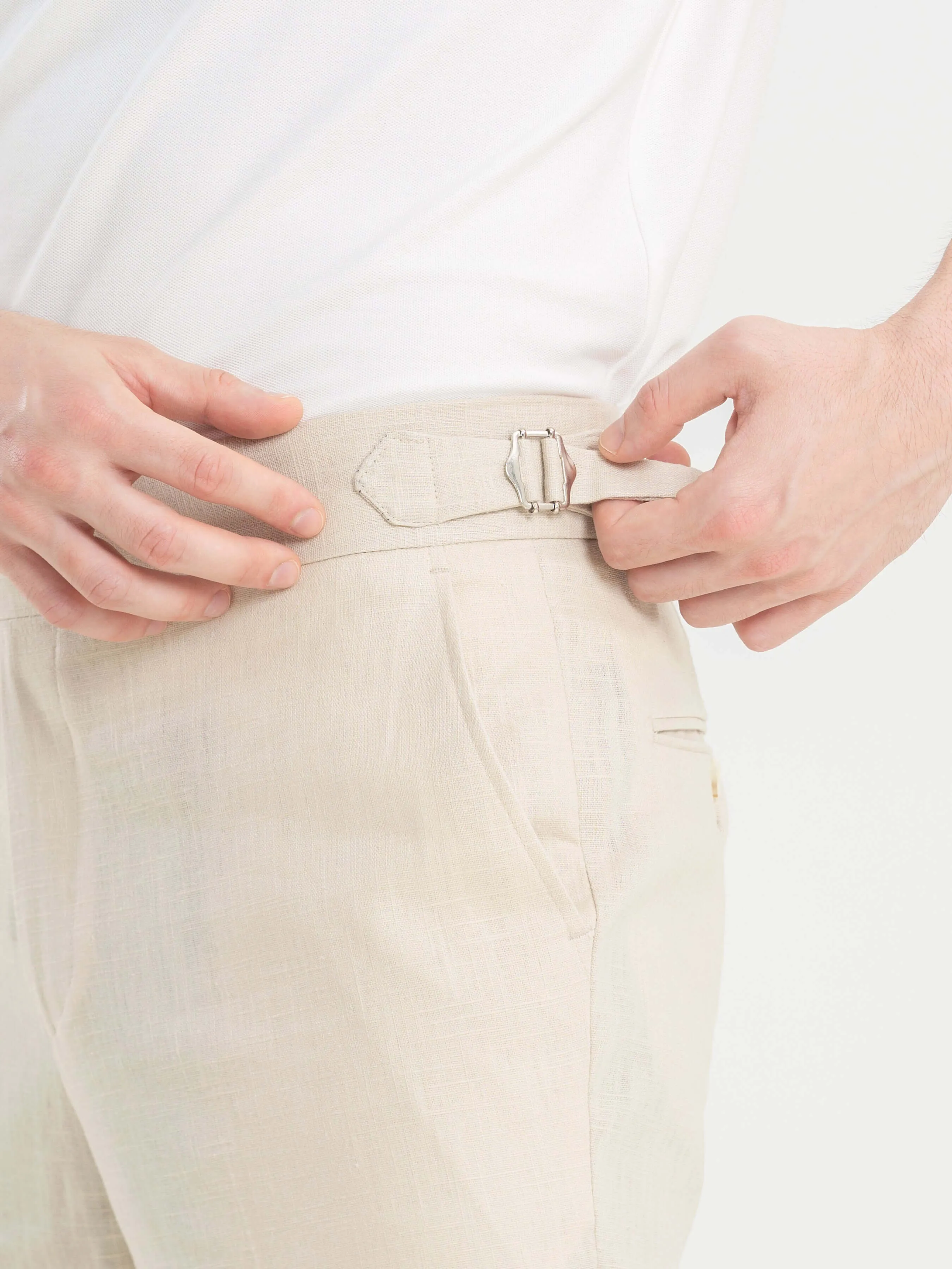 Trousers With Side Adjusters -  Linen Cream Plain