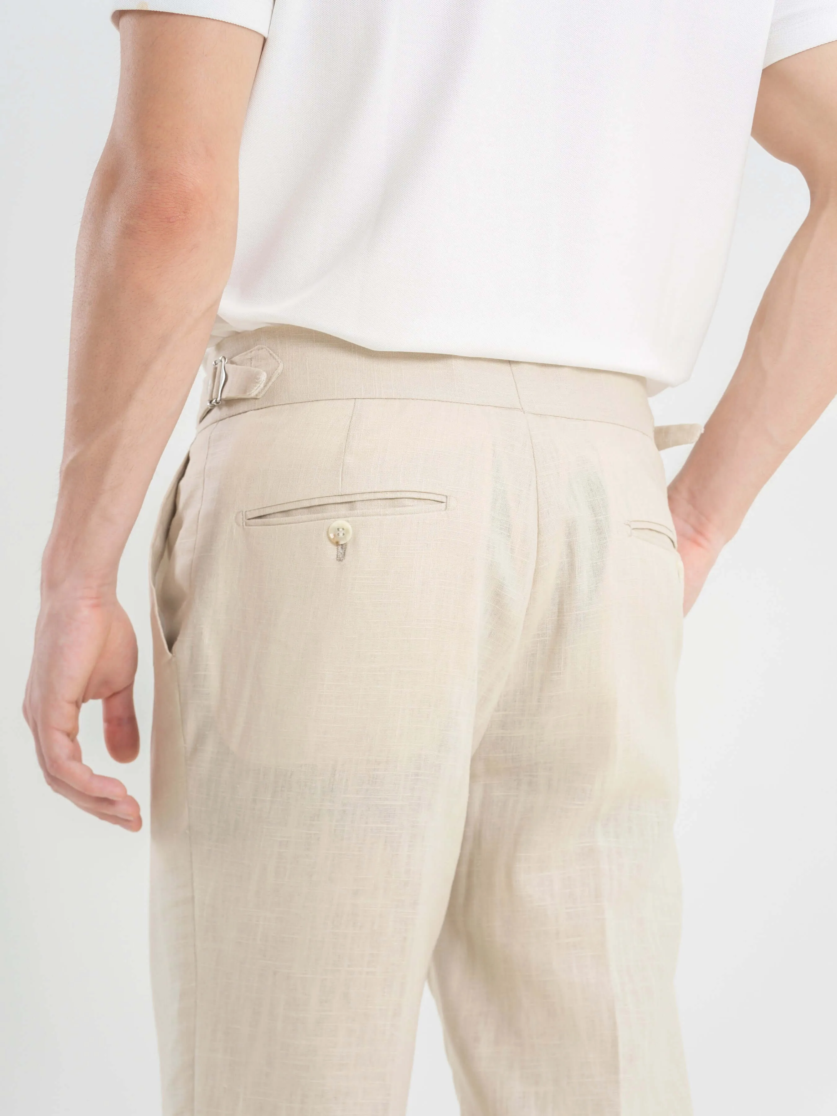 Trousers With Side Adjusters -  Linen Cream Plain