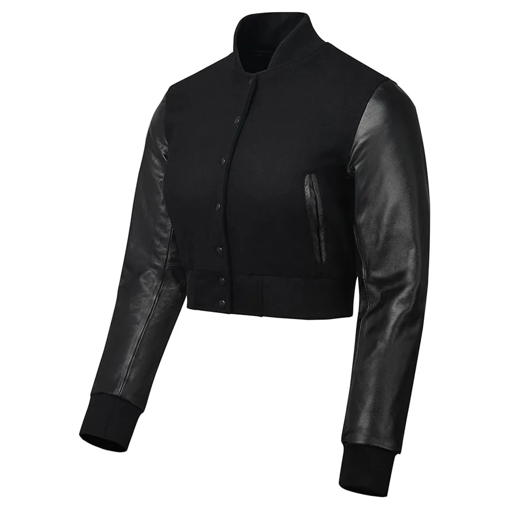 Women's Baseball All Black Cropped Slim Fit Varsity Jacket