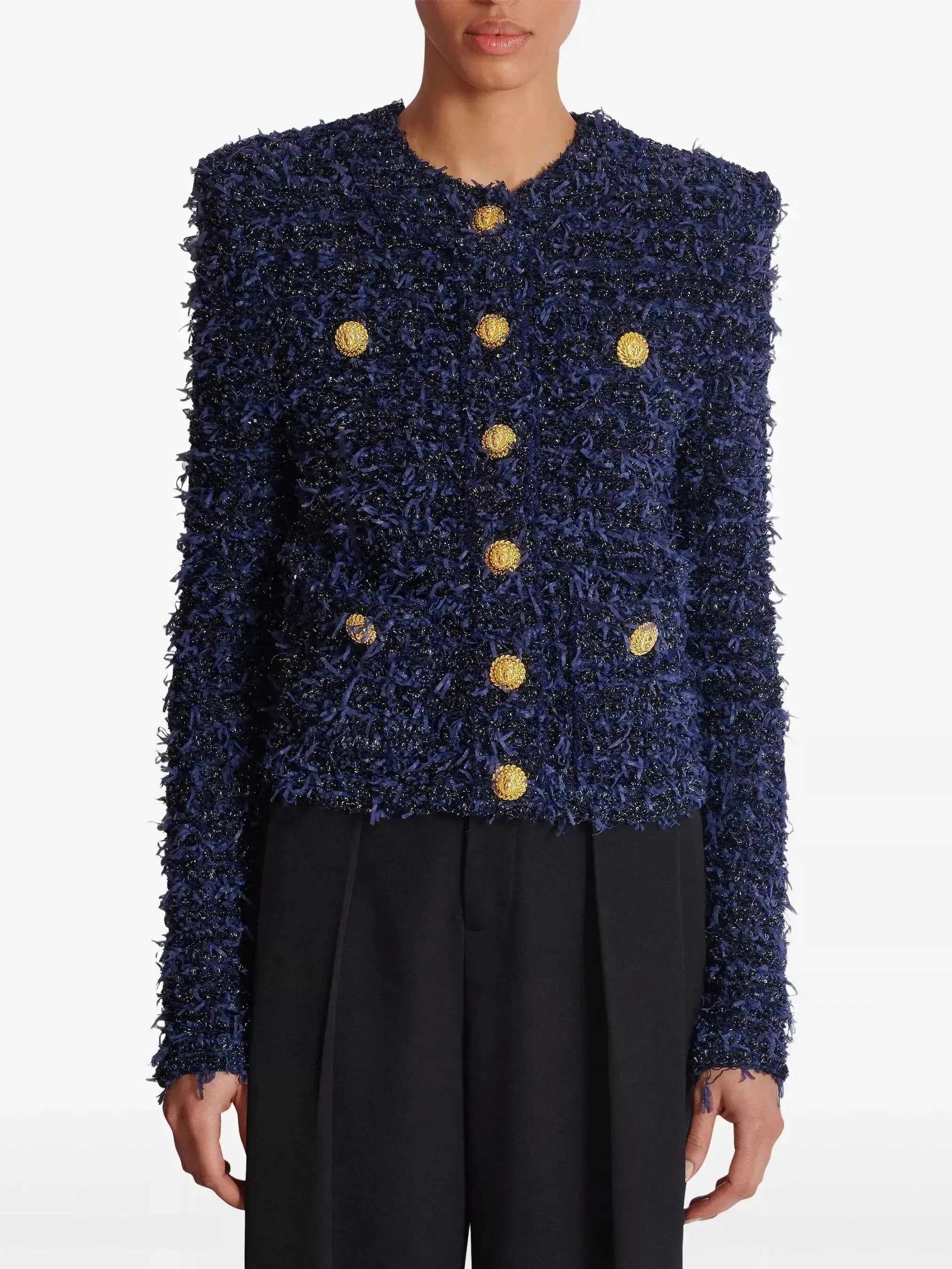 Women’s Blue and Black Tweed Knit Cardigan Jacket with Gold Buttons