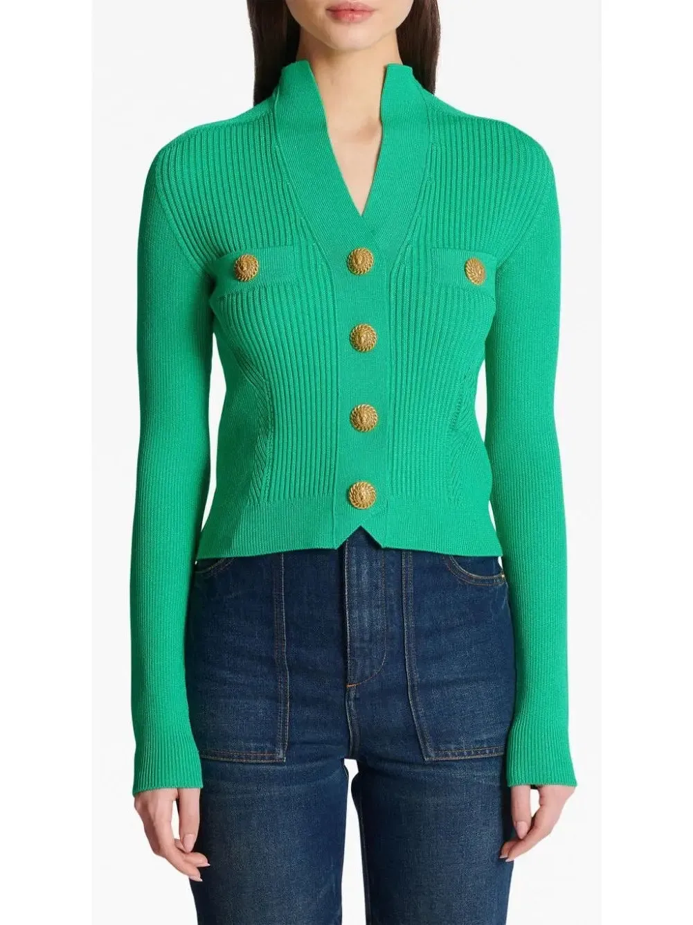 Women’s Buttoned Ribbed-Knit Cardigan in Green