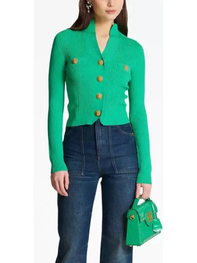 Women’s Buttoned Ribbed-Knit Cardigan in Green