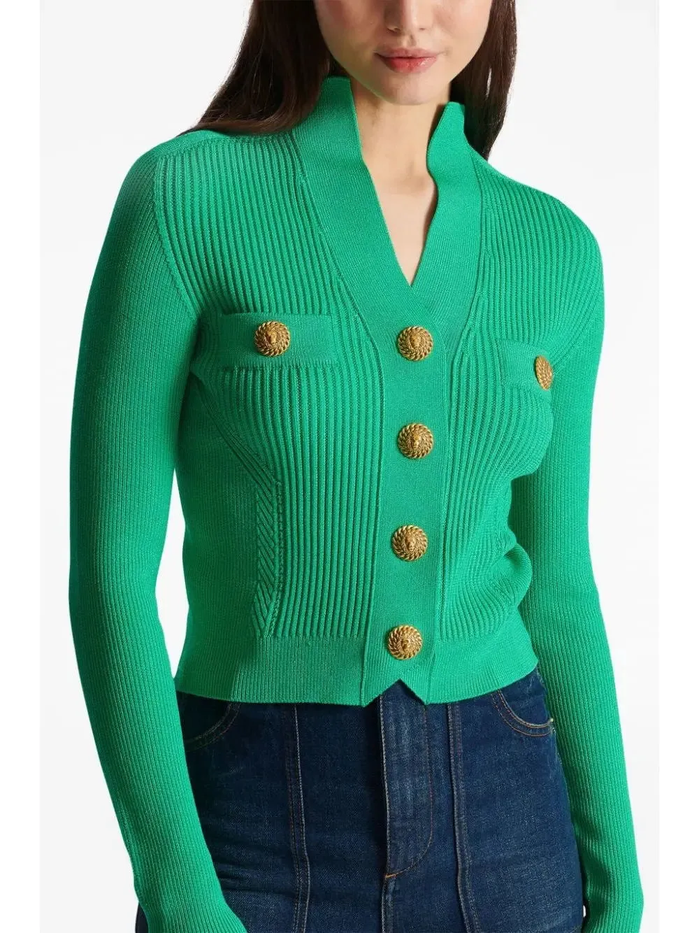 Women’s Buttoned Ribbed-Knit Cardigan in Green