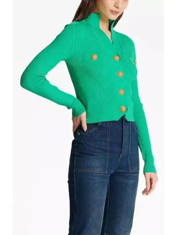 Women’s Buttoned Ribbed-Knit Cardigan in Green