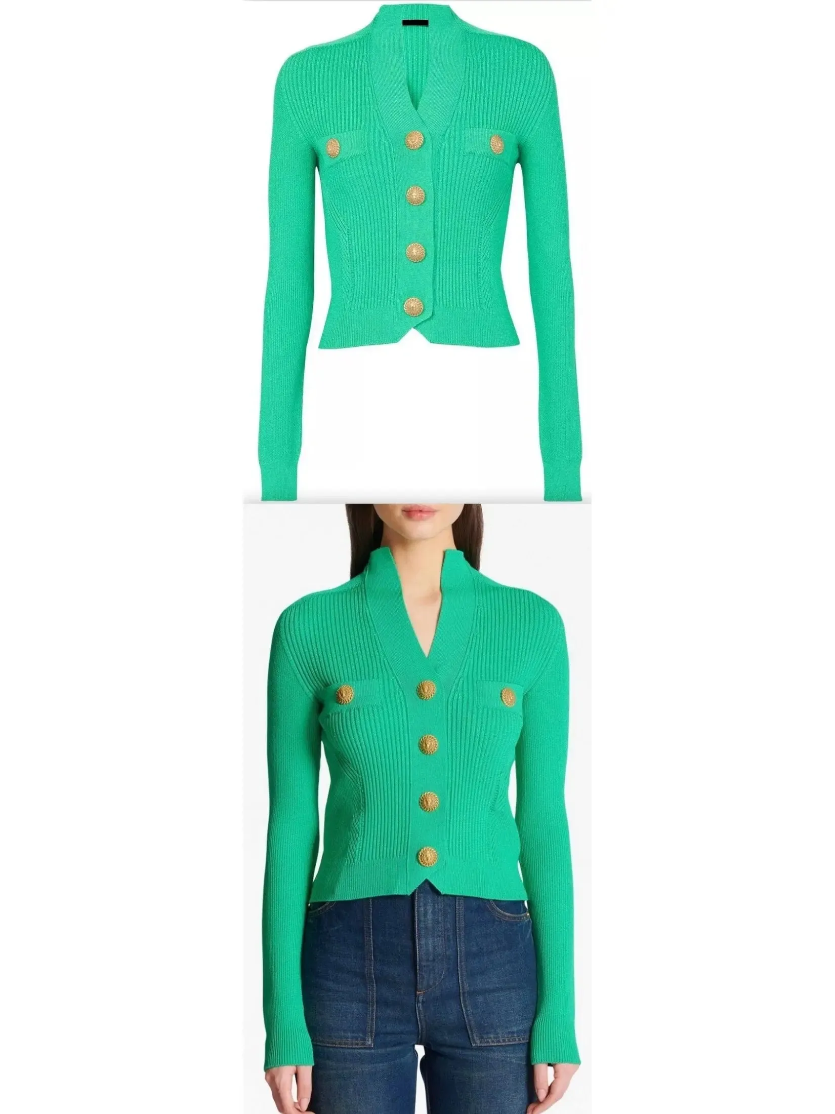 Women’s Buttoned Ribbed-Knit Cardigan in Green