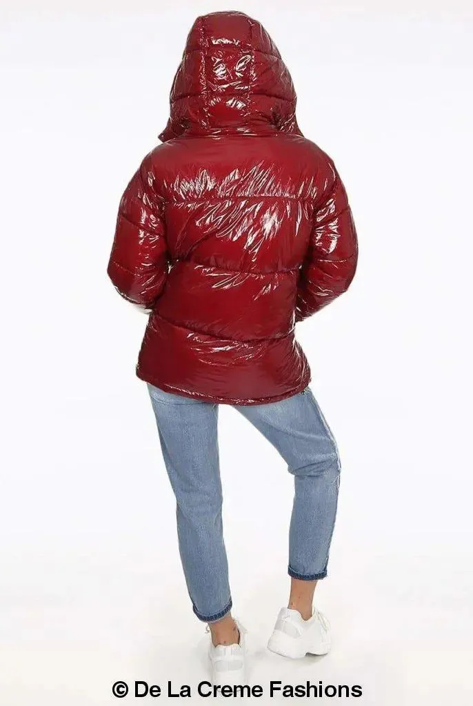 Womens High Shine Funnel Neck Quilted Puffer Jacket