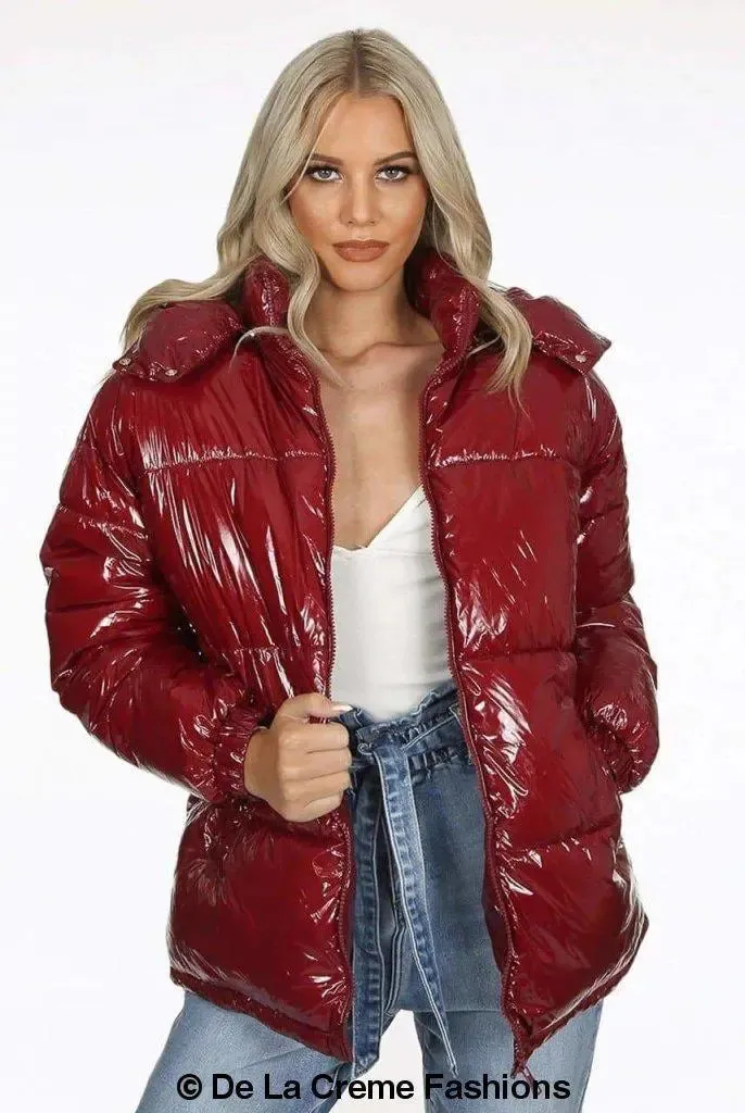 Womens High Shine Funnel Neck Quilted Puffer Jacket