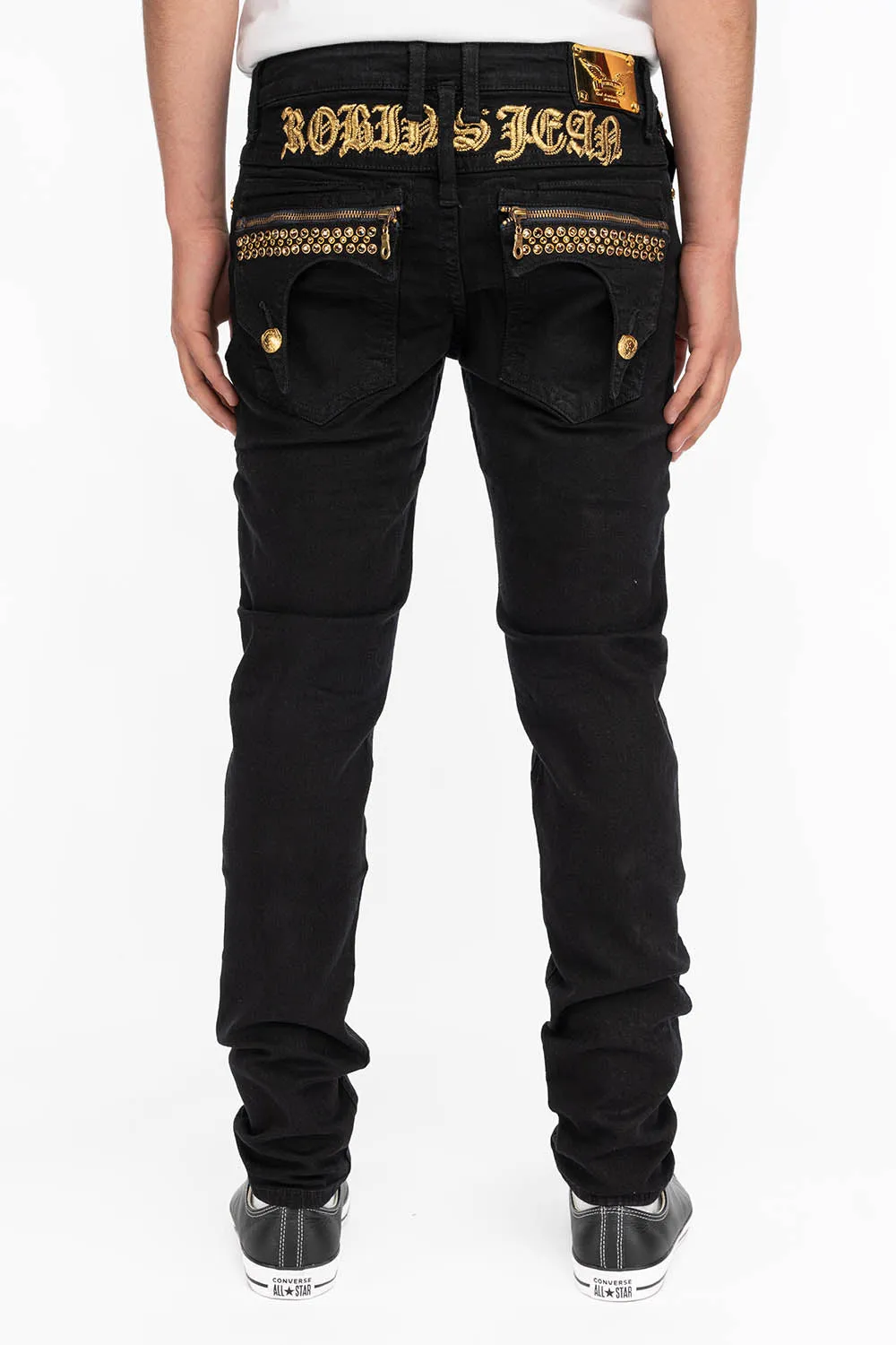 Mens Slim Black Jeans with Gold Crystal Embellishments - Zipper Killer Flap Design