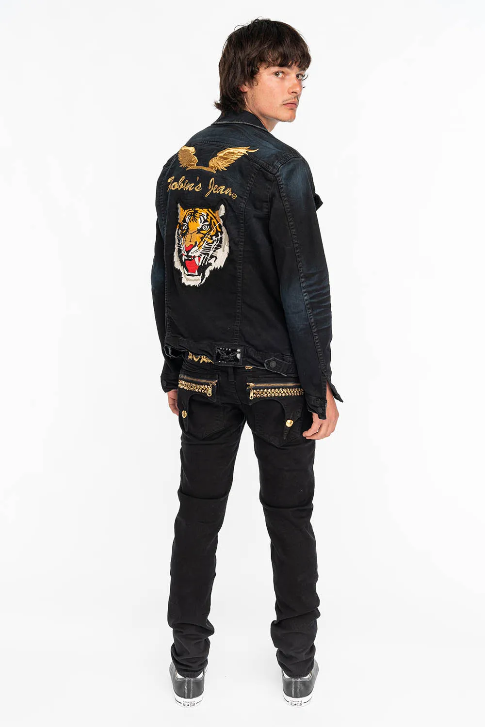 Mens Slim Black Jeans with Gold Crystal Embellishments - Zipper Killer Flap Design