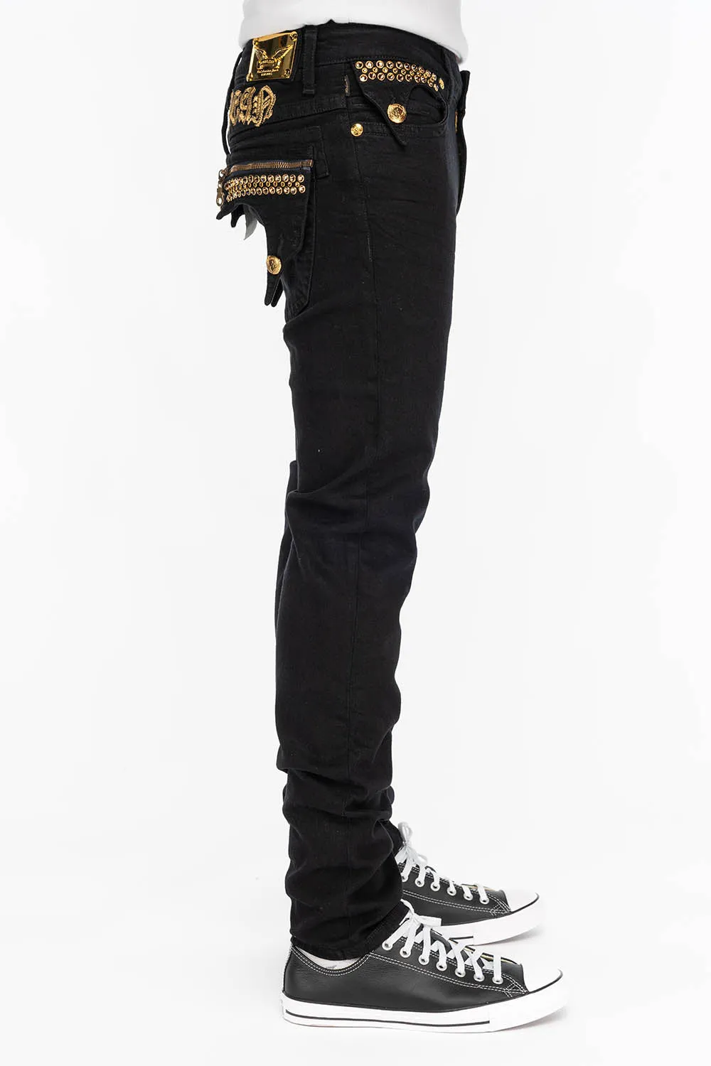 Mens Slim Black Jeans with Gold Crystal Embellishments - Zipper Killer Flap Design